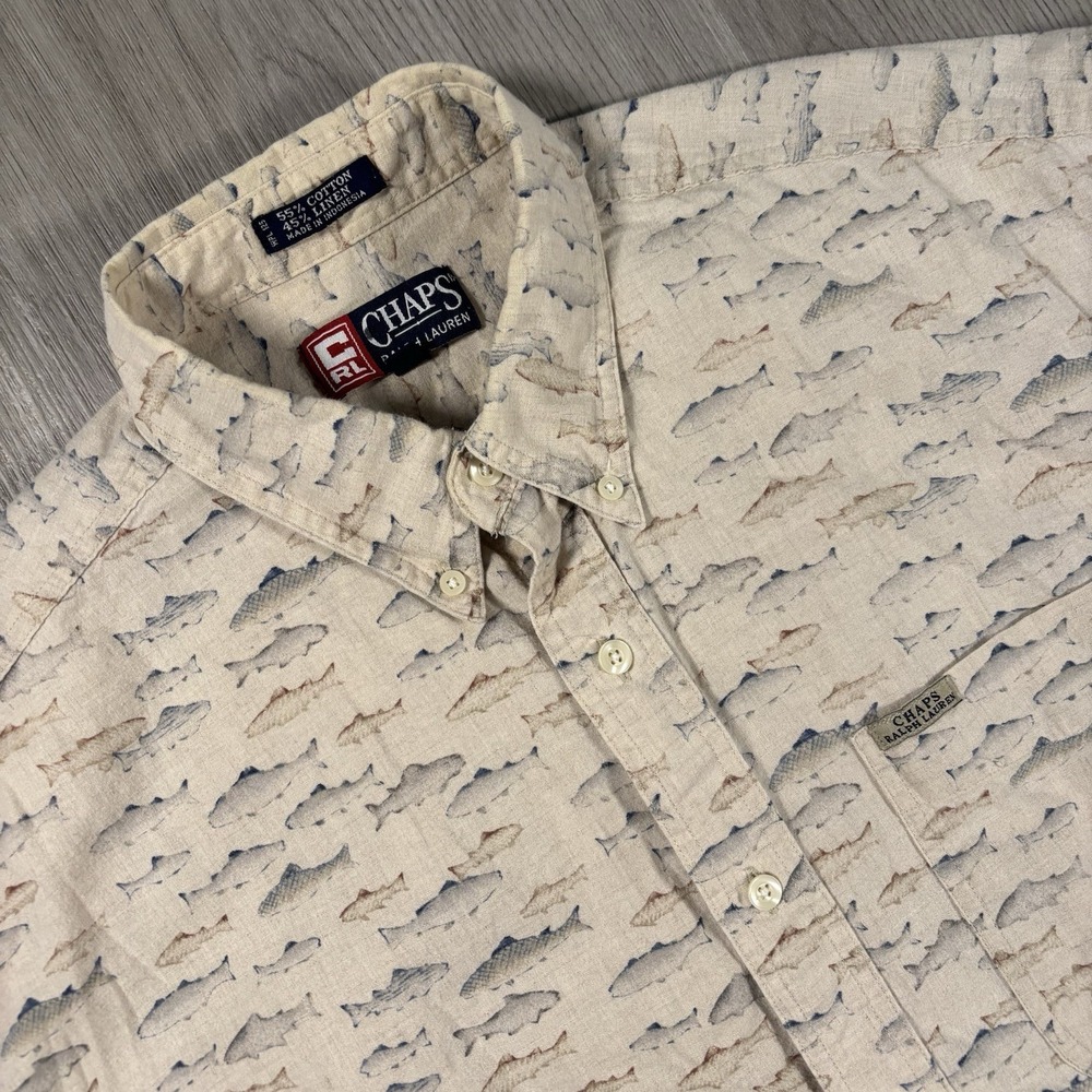Vintage Chaps Ralph Lauren Shirt Men Large Beige Button Up Linen Blend Fish Camp